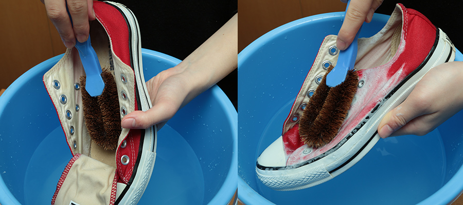 靴の内側、ベロの部分、外側や靴底を洗う