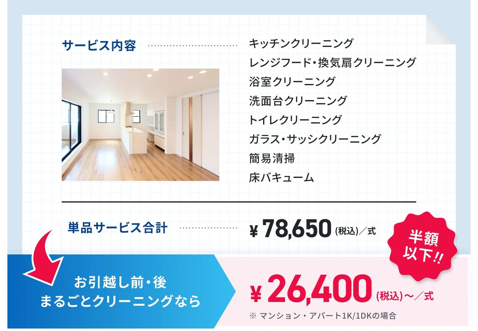 サービス内容:キッチンクリーニング、レンジフード・換気扇クリーニング、浴室クリーニング、洗面台クリーニング、トイレクリーニング、ガラス・サッシクリーニング、簡易清掃、床バキューム。単品サービス合計78,650(税込/式) のところ「お引越し前・後まるごとクリーニング」なら半額以下の26,400円~(税込/式)。※マンション・アパート1K/1DKの場合